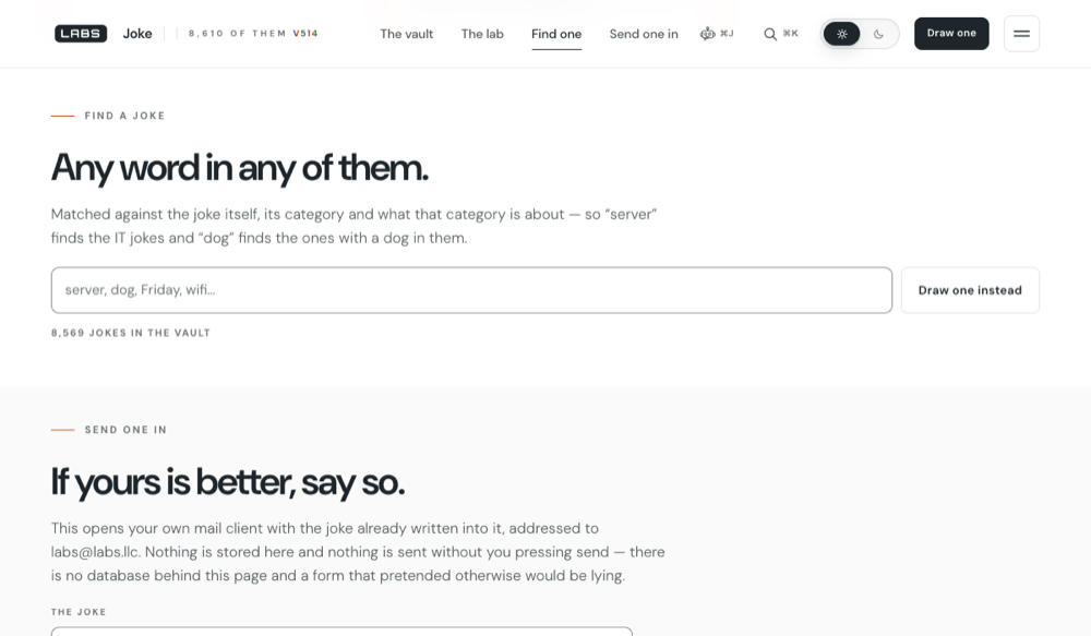 The Joke Vault's search section, with a full-width search field for finding a joke by any word in it and a results area beneath.