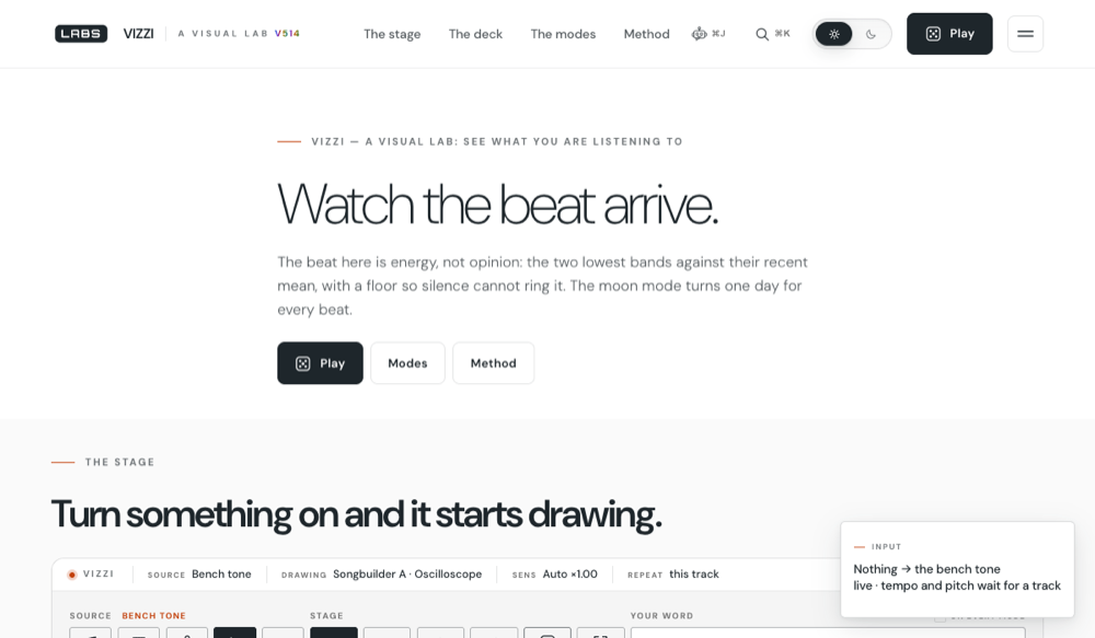 The VIZZI front page on a white background. A very large headline reads "Watch the beat arrive." Below it a status bar shows SOURCE: Bench tone, DRAWING: Songbuilder A · Oscilloscope, SENS: Auto ×1.00, and a toast in the corner says "Nothing → the bench tone".