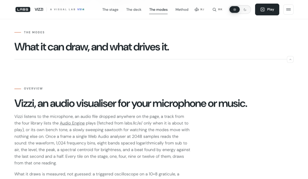 A VIZZI text section headed "What it can draw, and what drives it", followed by a passage explaining that one Web Audio analyser at 2048 samples reads the waveform, 1,024 frequency bins, eight bands from sub to air, the level, the peak, a spectral centroid and a beat, and that every tile draws from that one reading.